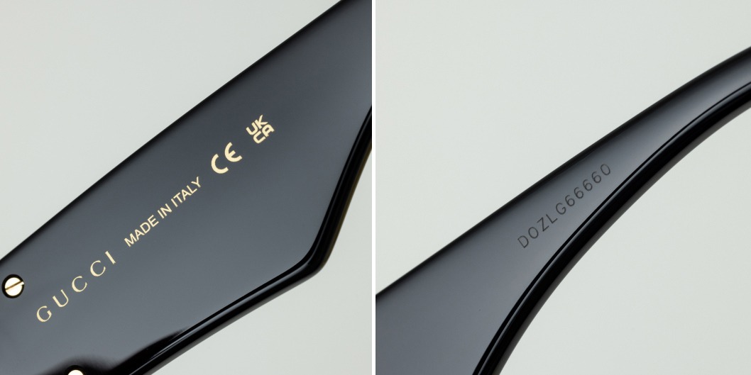 Close-up examples of the frame code and serial number on the arms of a frame